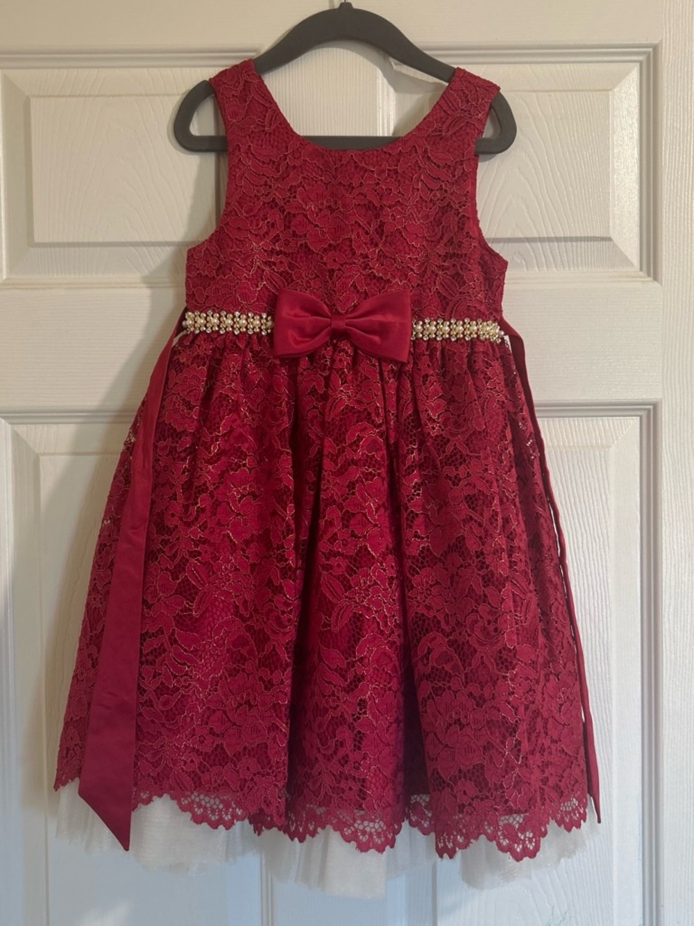 Girls' Red Lace Party Dress with Bow and Pearl Waist